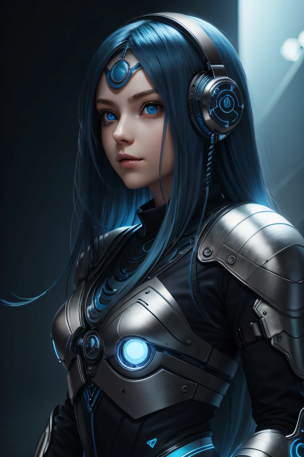 girl with long blue hair, blue eyes, futuristic vibes, mask on mouth, headphones, 8k, high quality, simple background, glowing eyes, nice pose