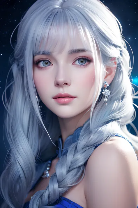 face to the viewer, in 8K,front, Looking at the camera, directly in front, Live Action, frontage, Headshot, realisitic, a picture,White hair, The goddess is enveloped in a mysterious starry sky, WLOP-inspired live-action art, art  stations, Fantasy Art, ar...