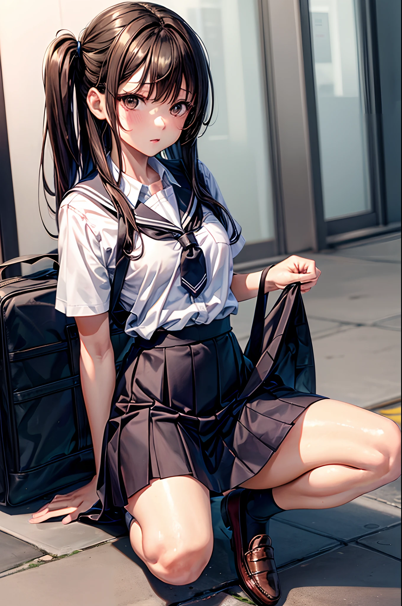 Anime girl sitting on the ground with a suitcase and a backpack - SeaArt AI