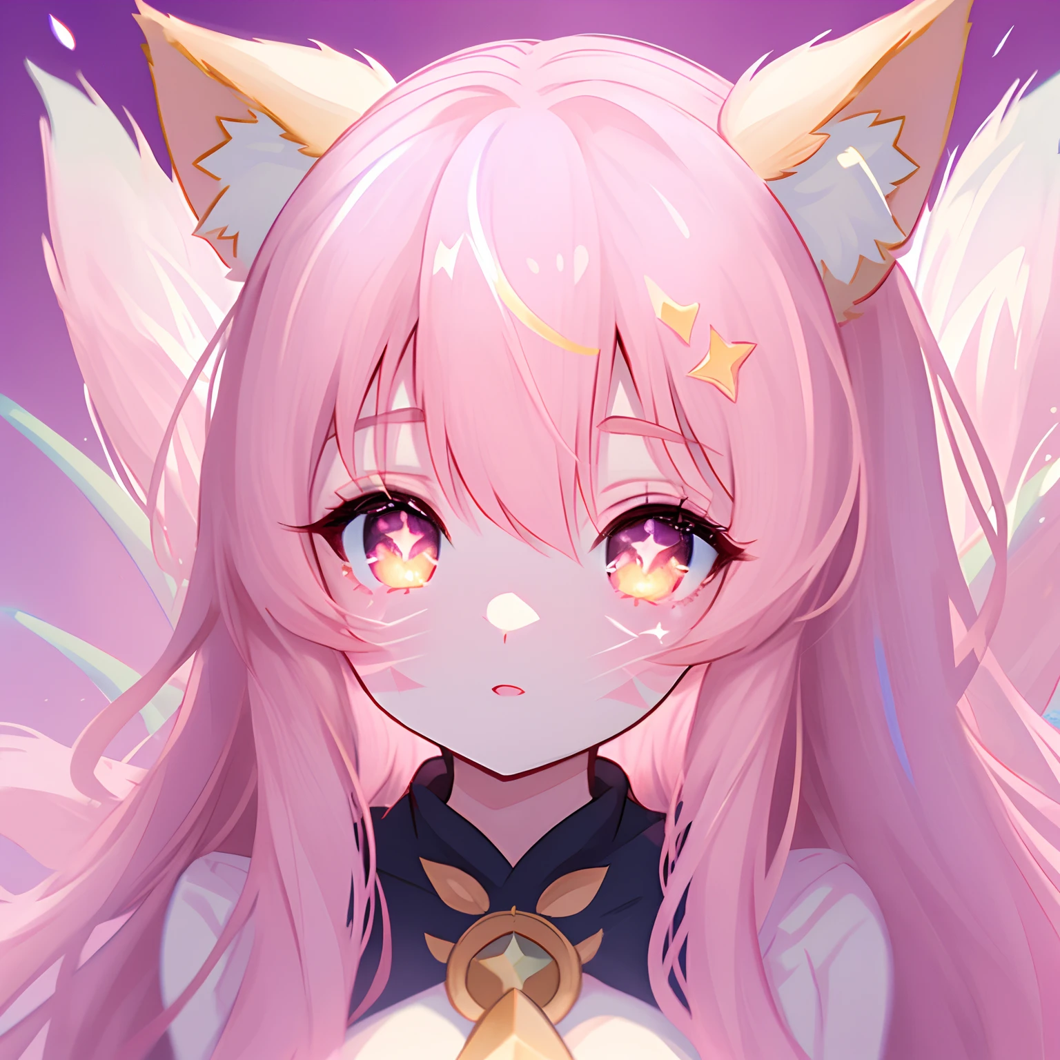 Ali，Ali\（league of legend\），star guardians ，（league of legend\），Animal ear， face markings， fox ear， fox tails， Pink pupils，Multiple tails，Complex pink background， anime big breast， Guibli， style of anime， Close from the side， first person perspective， 8K， super detailing， tmasterpiece，super detailing， high qulity，A high resolution， High detail，blissful，strong lights，Pupillary details，Symmetrical pupils，Pupil highlight，Sharpening of details，Dazzling light，Background bokeh。