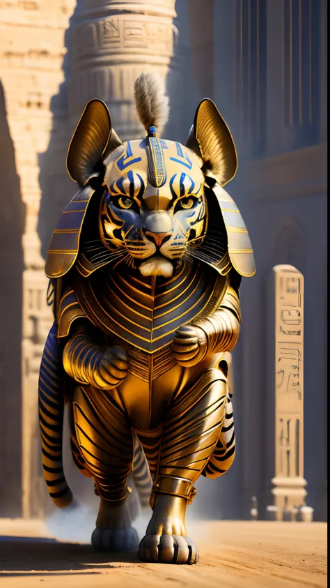 Animalrizz   (( Sphinx )) 10, masterpiece, highres, Absurd,photorealistic portrait, Parley_armature,Egypt, Cute tiger in armor ,Wear Parley_armature, Massive futuristic armor, running, move,