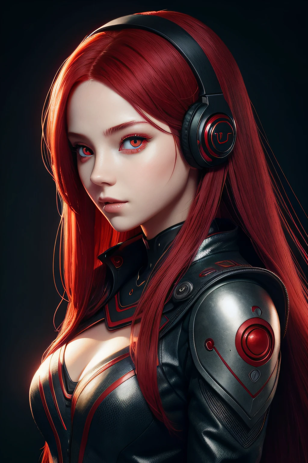 chica con el pelo largo y rojo, ojos rojos, vibraciones futuristas, máscara en la boca, Auriculares, 8K, alta calidad, fondo sencillo, ojos brillantes, bonita pose