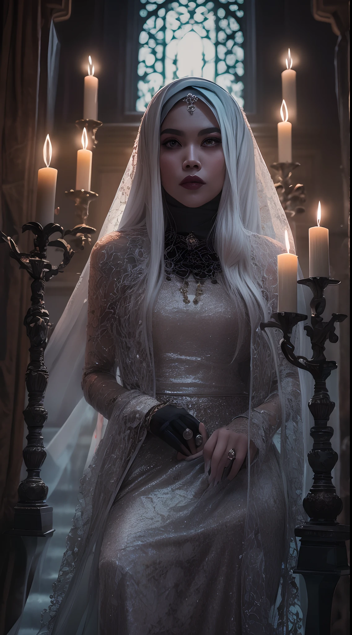 Capture um retrato assustadoramente belo da mulher malaia em um visual de inspiração gótica,Cabelo longo branco, vestido de renda preto com véu, ambientado em uma mansão misteriosa e misteriosa, onde a luz de velas lança sombras misteriosas, criando uma atmosfera de escuridão, terror gótico.