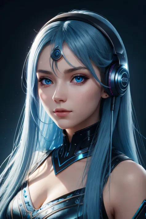 girl with long blue hair, blue eyes, futuristic vibes, mask on mouth, headphones, 8k, high quality, simple background, glowing e...