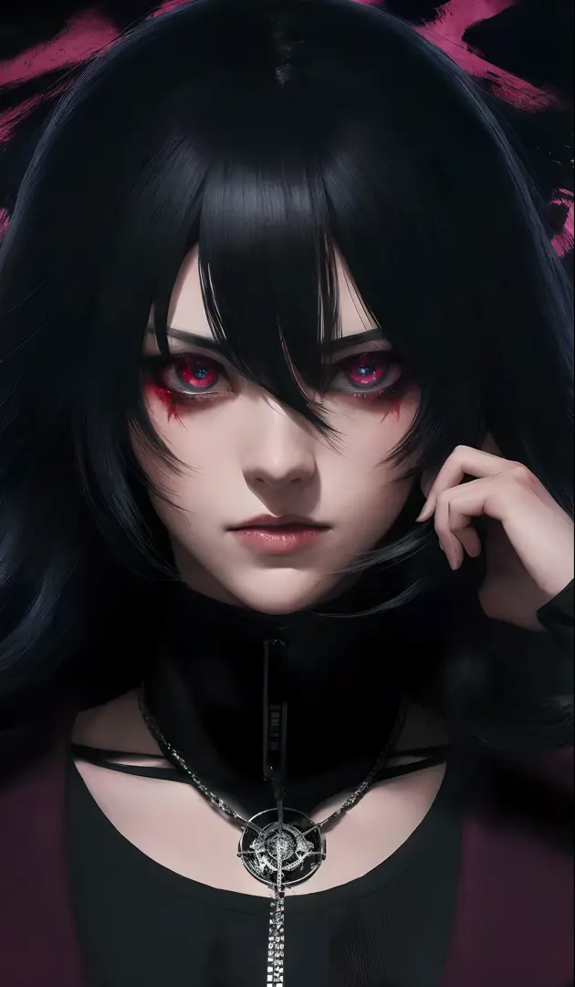 Personaje de anime con sangre goteando por los ojos y cabello negro, Estilo anime 4K, con ojos rojos brillantes, Fondo de pantal...