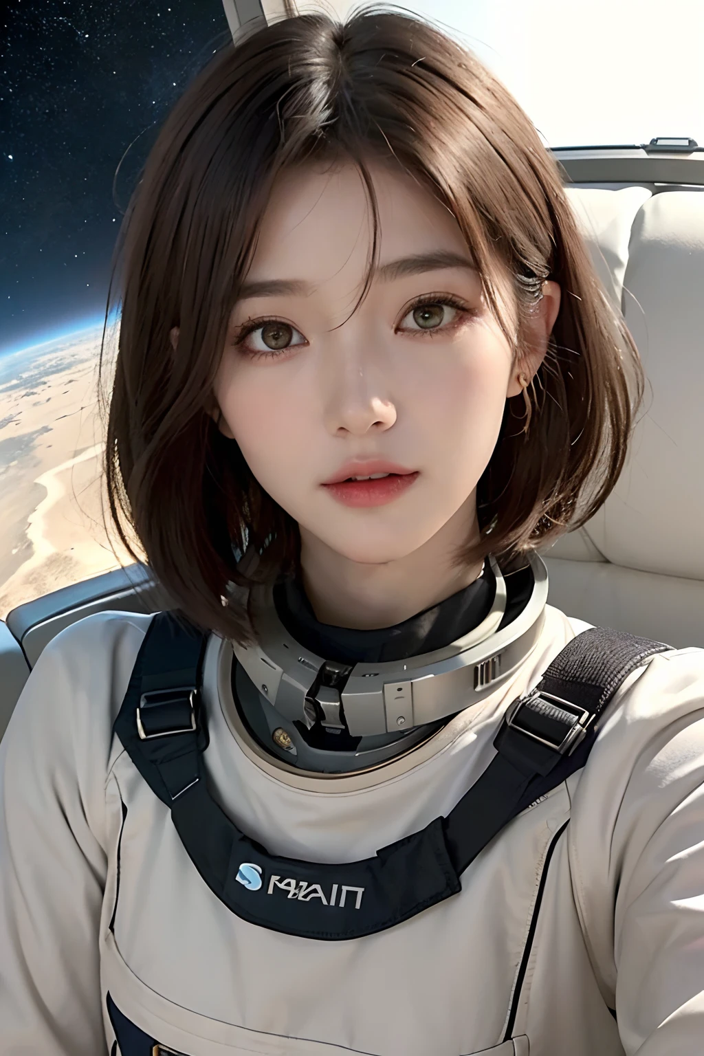 top-quality、​masterpiece、超A high resolution、(realisitic:1.4)、Beautuful Women１、Beautiful detail eyes and skin、ssmile、Light brown short-cut hair、The perfect spacesuit、Inside the spacecraft、weak sunshine、cosmic space、Sand Planet、Sandworm、