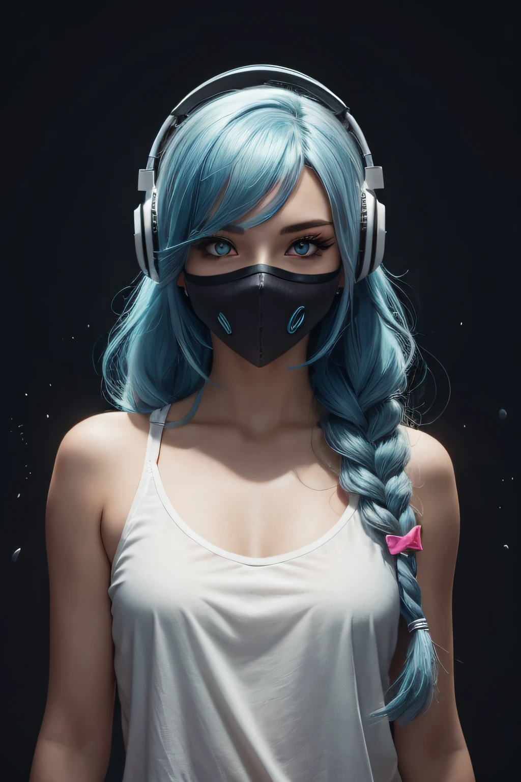 girl with long blue hair, blue eyes, futuristic vibes, mask on mouth, headphones, 8k, high quality, simple background, glowing eyes, nice pose