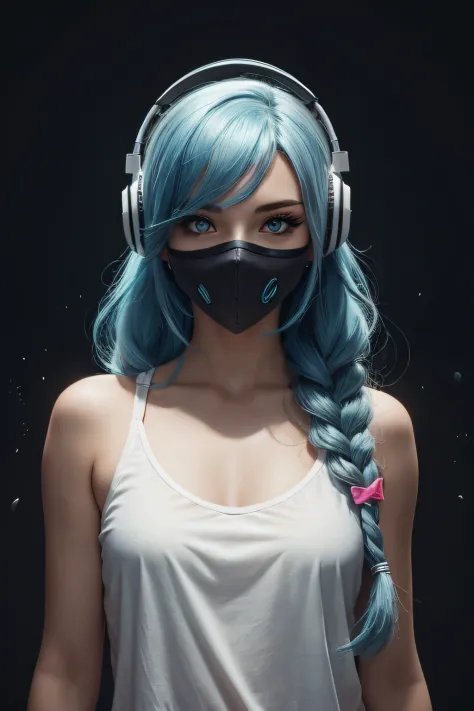 girl with long blue hair, blue eyes, futuristic vibes, mask on mouth, headphones, 8k, high quality, simple background, glowing e...