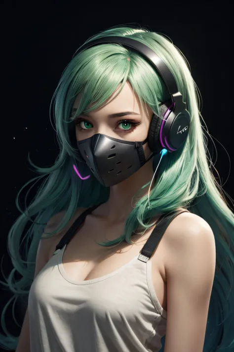 girl with long green hair, green eyes, futuristic vibes, mask on mouth, headphones, 8k, high quality, simple background, glowing...