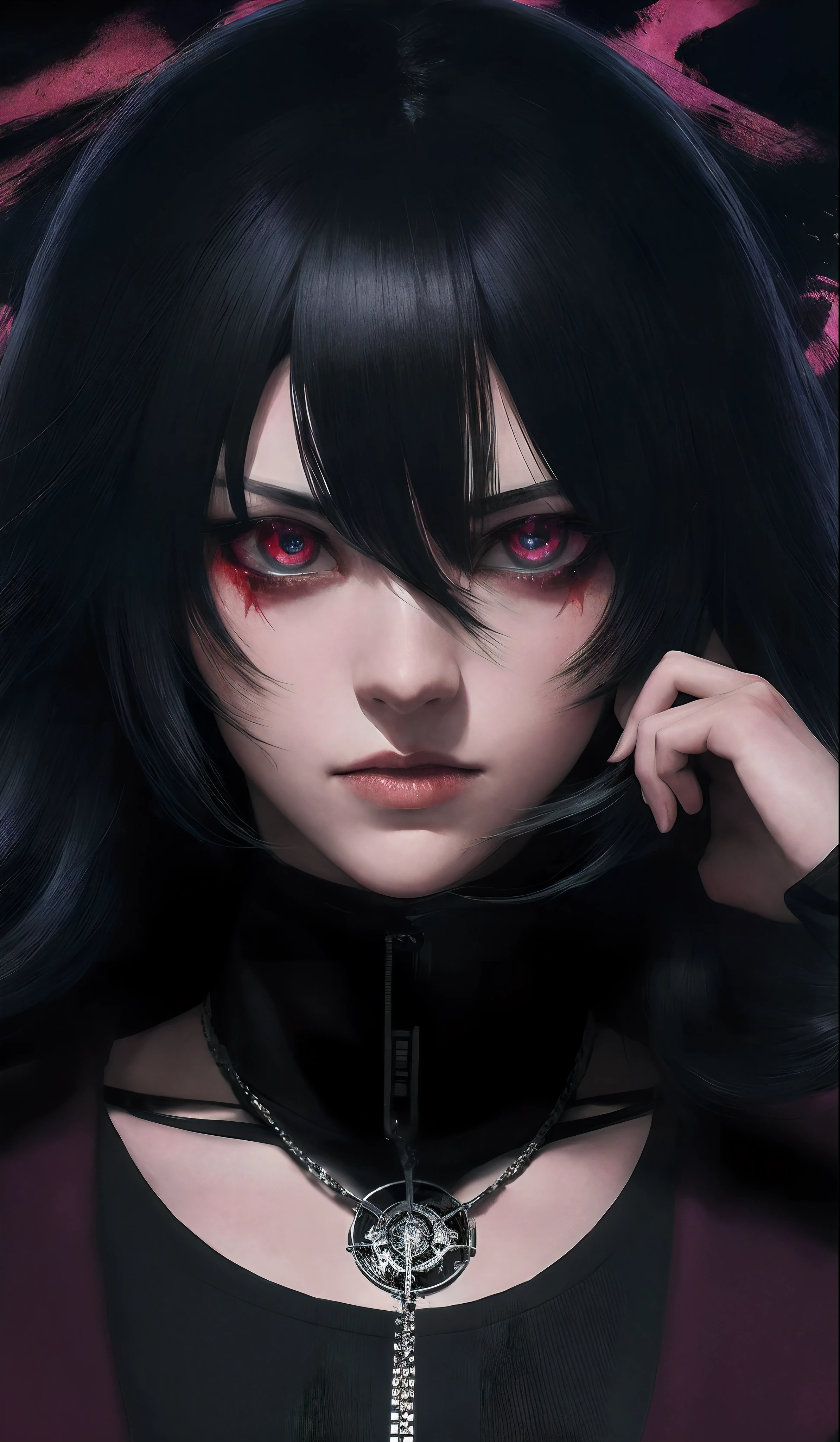 Anime character with blood dripping from eyes and black hair, 4K anime style, with glowing red eyes, anime wallpaper 4k, Gapmoe Yandere Grimdark, Portrait Gapmoe Yandere Grimdark, anime wallpapers 4k, Anime Wallpaper 4k, Anime Art Wallpaper 8K, Badass Anime 8K, Anime Art Wallpaper 4K, Anime Art Wallpaper 4K