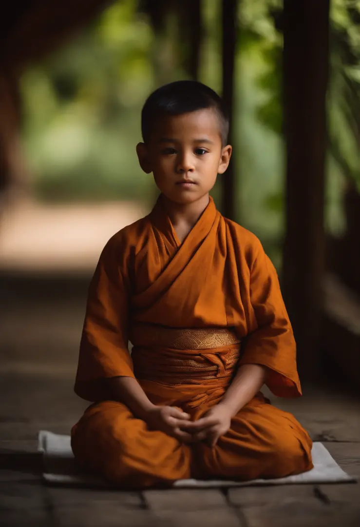 A beautiful boy about 2 years old，Meditate cross-legged in front of the camera，monk clothes，The character's face is clear and bright，The background is a warm and poetic environment