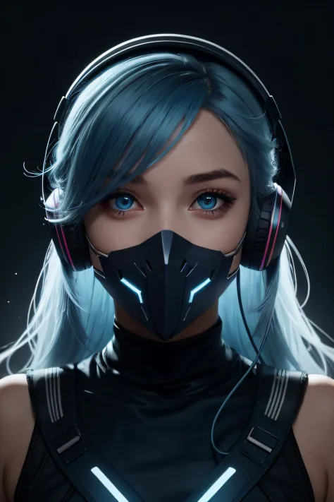 girl with long blue hair, blue eyes, futuristic vibes, mask on mouth, headphones, 8k, high quality, simple background, glowing e...