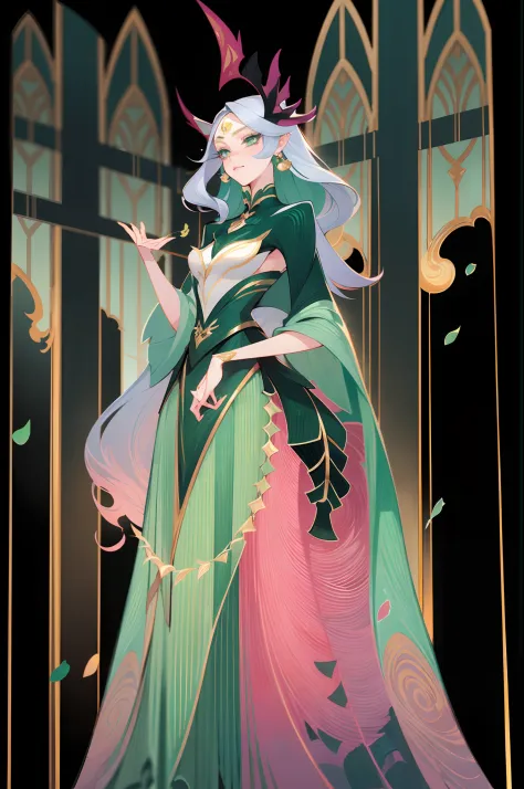 1 beautiful woman，A Necromancer，Green clothing，standing full-body，独奏，Clear facial features，Transparent background，(tmasterpiece，...