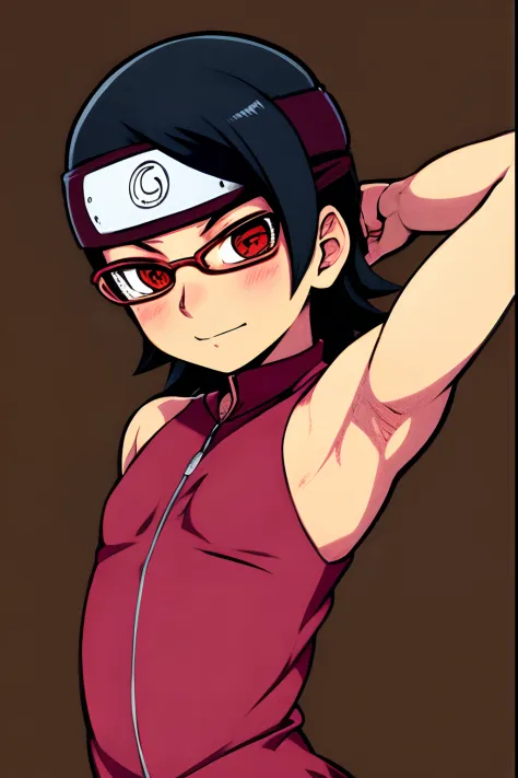 Masterpiece, Excellent, drawing with super high detail, uchiha sarada, flat chest, megane, sharingan, red eyes, konoha headband, black hair, short hair, light skin, showing off armpits, arms behind head, ahegao, blushing, very slutty clothing, best quality