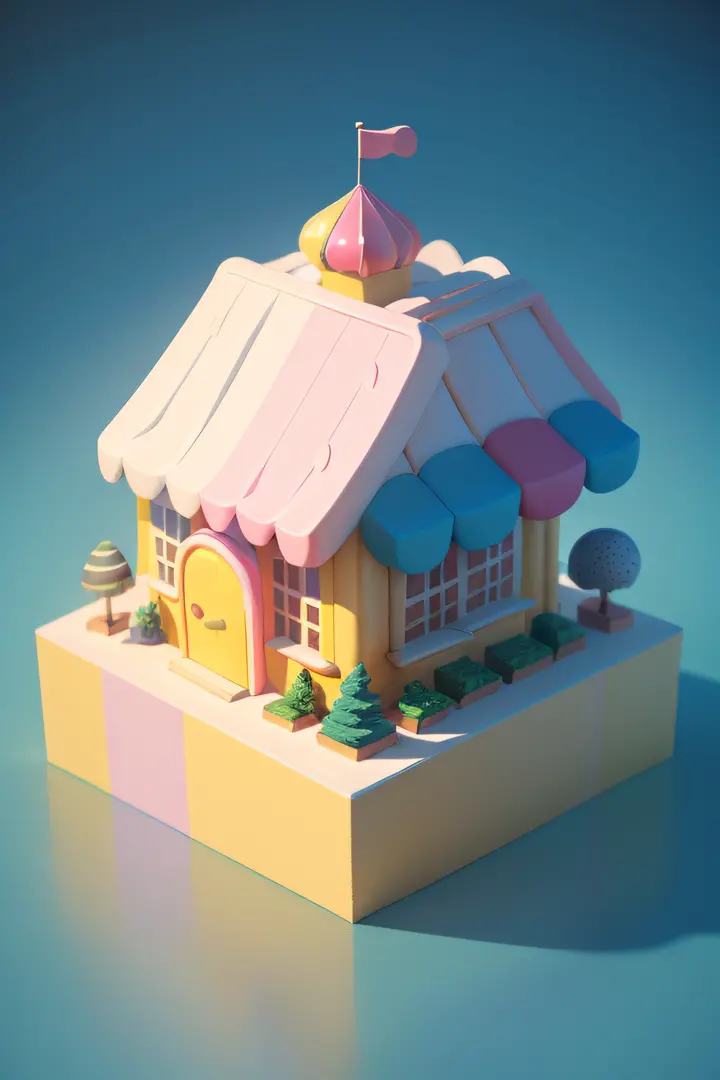 isometric house, (top-down 45-degree perspective), cartoon, candy house, colorful balloons, cute building, huge candy-like signboard, amusement park, blank background, clear structure, correct light and shadow, 3D rendering