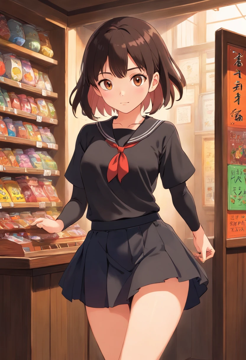 Anime girl in a school uniform standing in front of a candy shop - SeaArt AI