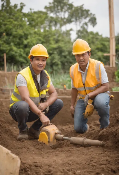 Project background shoot, Garden construction, well drilling construction work on the garden, drilling equipment installed by two indonesian construction workers, wearing construction vest, wearing yellow construction helmet