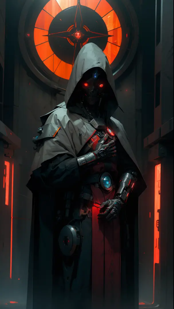 derpd, lethal cyborg male assassin wearing robes armor and cloak, no mouth, danger, stained glass background, fantasy and science fiction art, neon horror, sci-fi, glitchcore, divine pose, red divine light, two bright eyes,