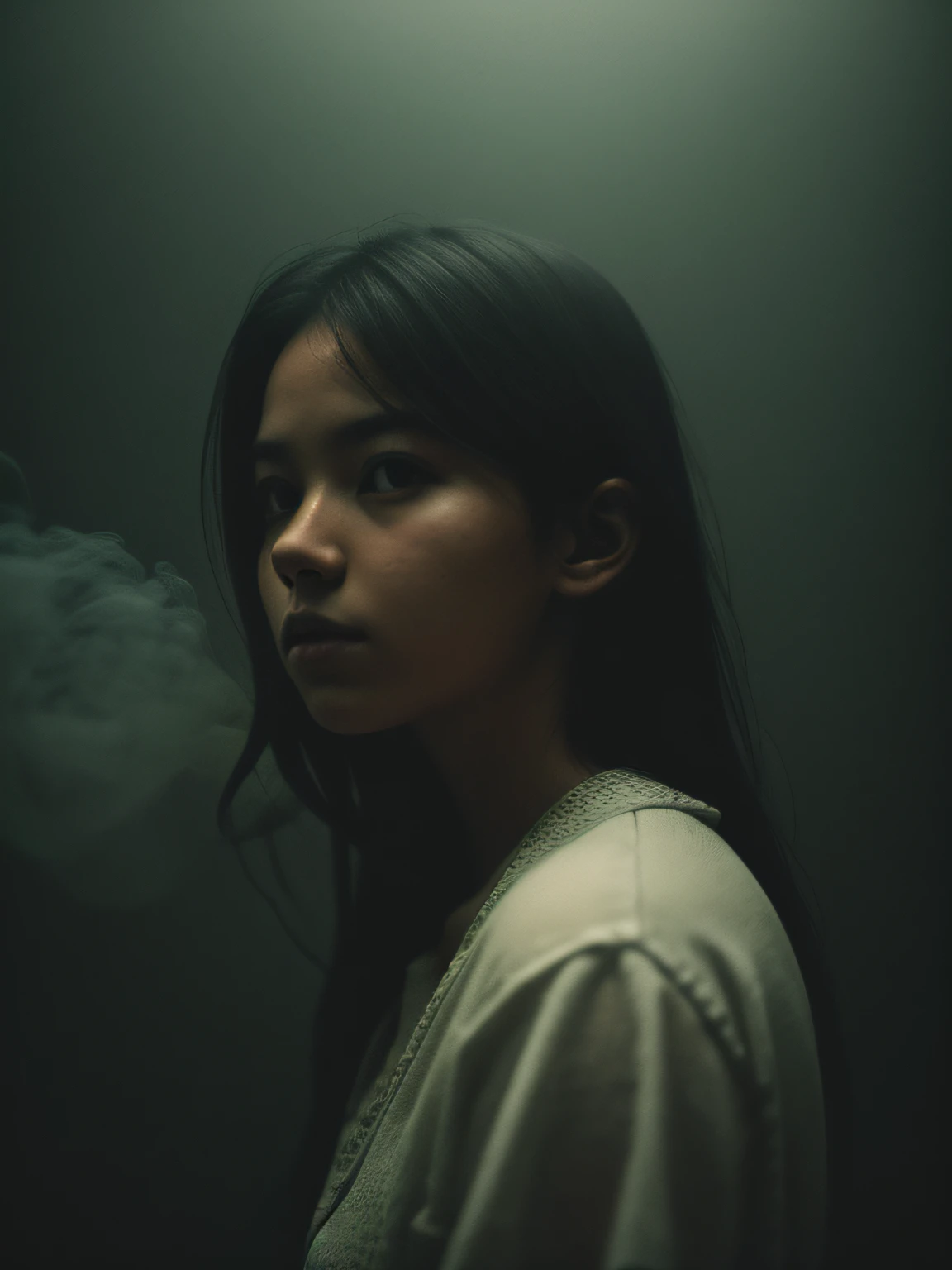 1girl, in the dark, film grain, award winning photo, (green tint:0.3), looking to the side, hard lighting, fog, hazy, smoke,