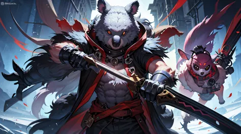 koala animal with a large sword, animal koala surrounded by human ninja, dungeon, game package wind