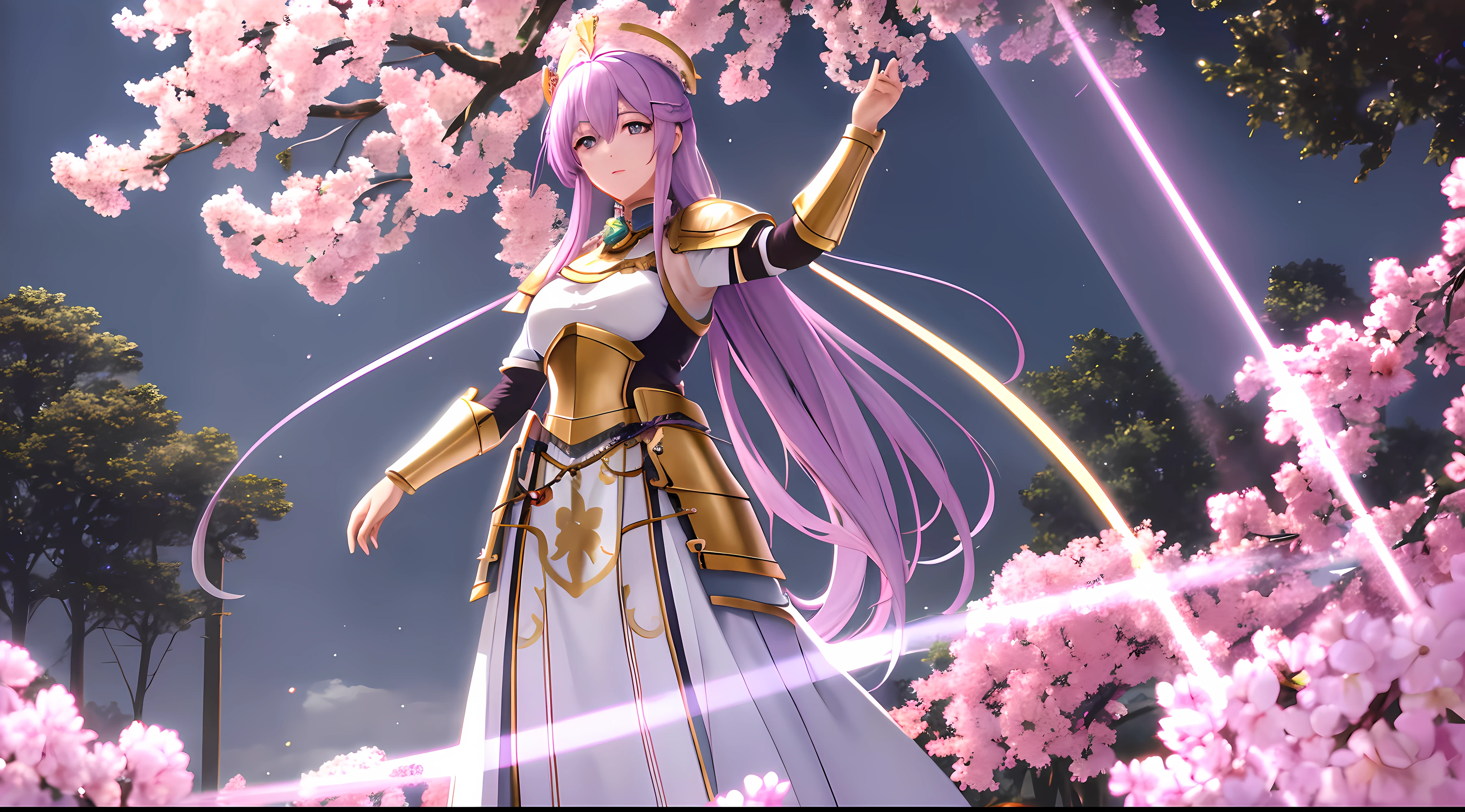 Athena with plain long light purple hair,hair between eyes,green eyes,rosy cheeks,full lips,thin eyebrows,slender body,wearing knight armor pauldrons and full long skirt,praying beads on neck,cute anime girl,full body,sakura trees in background,anime style,Lumen Reflections,Screen Space Reflections,Diffraction Grading,Chromatic Aberration,GB Displacement,Scan Lines,Ray Traced,Anti-Aliasing,FXAA,TXAA,RTX,SSAO,Shaders,OpenGL-Shaders, GLSL-Shaders,Post Processing,Post-Production,cell Shading,Tone Mapping,CGI,VFX,SFX,insanely detailed and intricate, 4K,standing, solo, masterpiece, best quality, detailed face, detailed eyes, highres, standing, solo,masterpiece, best quality