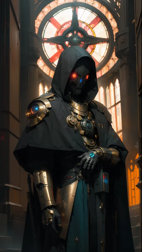 derpd, lethal cyborg male assassin with no mouth, wearing robes armor and cloak, gold trimming, danger, stained glass background, fantasy and science fiction art, neon horror, sci-fi, glitchcore, divine pose, red divine light, two bright eyes,