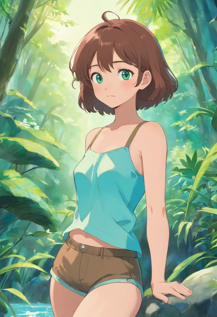 a feminine boy, male, no , very big butt, no breasts, hourglass figure, big thighs, smooth skin, brown very short fluffy hair, green eyes, long eyelashes, black eyeliner, e girl fashion short shorts, crop top, seductive pose, in the style of tranquil gardenscapes, colorful animation stills, masami teraoka, aquamarine, paul gauguin, Embry style, honest portrayal