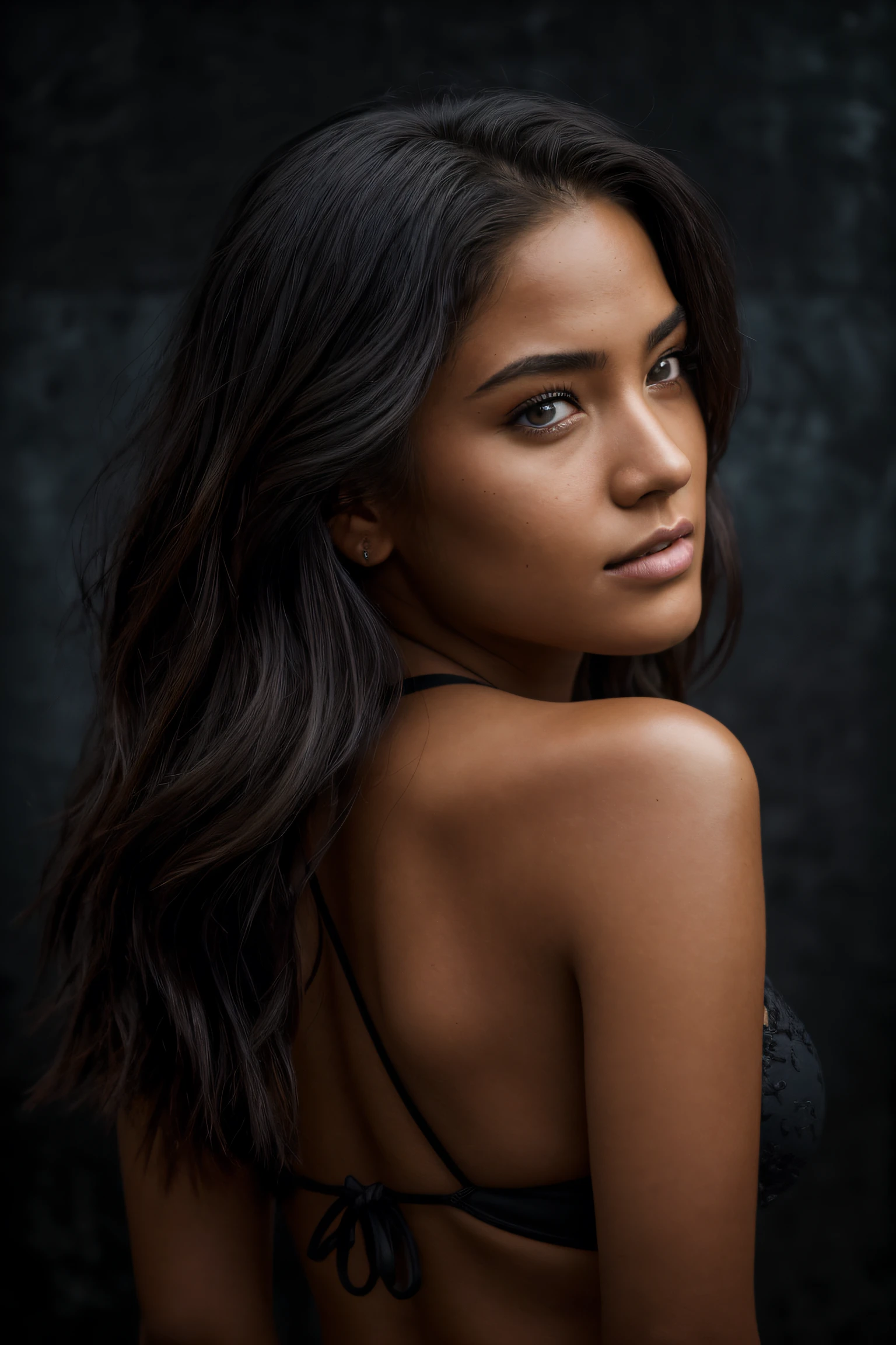 (close-up, editorial photograph of a 21-year-old woman), (highly detailed face:1.4) (smile:0.7) (background inside dark, moody, private study:1.3) POV, by Lee Jeffries, Nikon d850, film stock photograph ,4 Kodak Portra 400 , camera f1.6 lens , rich colors ,hyper-realistic ,lifelike texture, dramatic lighting, cine still 800, Hawaii beach, woman, black bikini,back view, landscape, side picture, beautiful eyes,