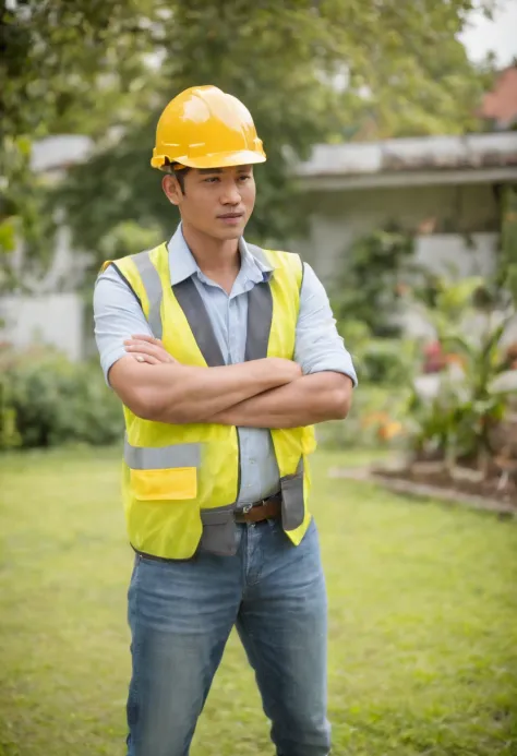Project background shoot, Garden construction, well drilling construction work on the garden,  an Indonesian construction guy (wearing construction vest, wearing yellow construction helmet) is explaining about how to use water pump to a beautiful college g...