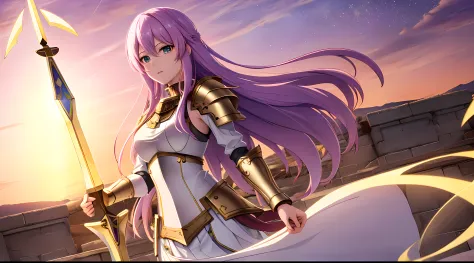 Athena with plain long light purple hair,hair between eyes,green eyes,rosy cheeks,full lips,thin eyebrows,slender body,wearing k...