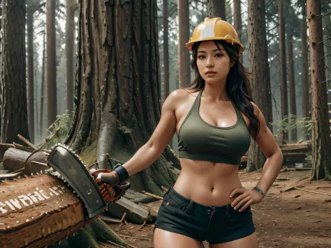 a gorgeous brunette woman in a hard hat, demin shorts, halter top, cutting a tree with a chainsaw, holding a chainsaw, chainsaw, lumberjack, forestry, chainsaw attached to hand, powerful detail, professional work, saws, extremely intricate, powerful scene,...