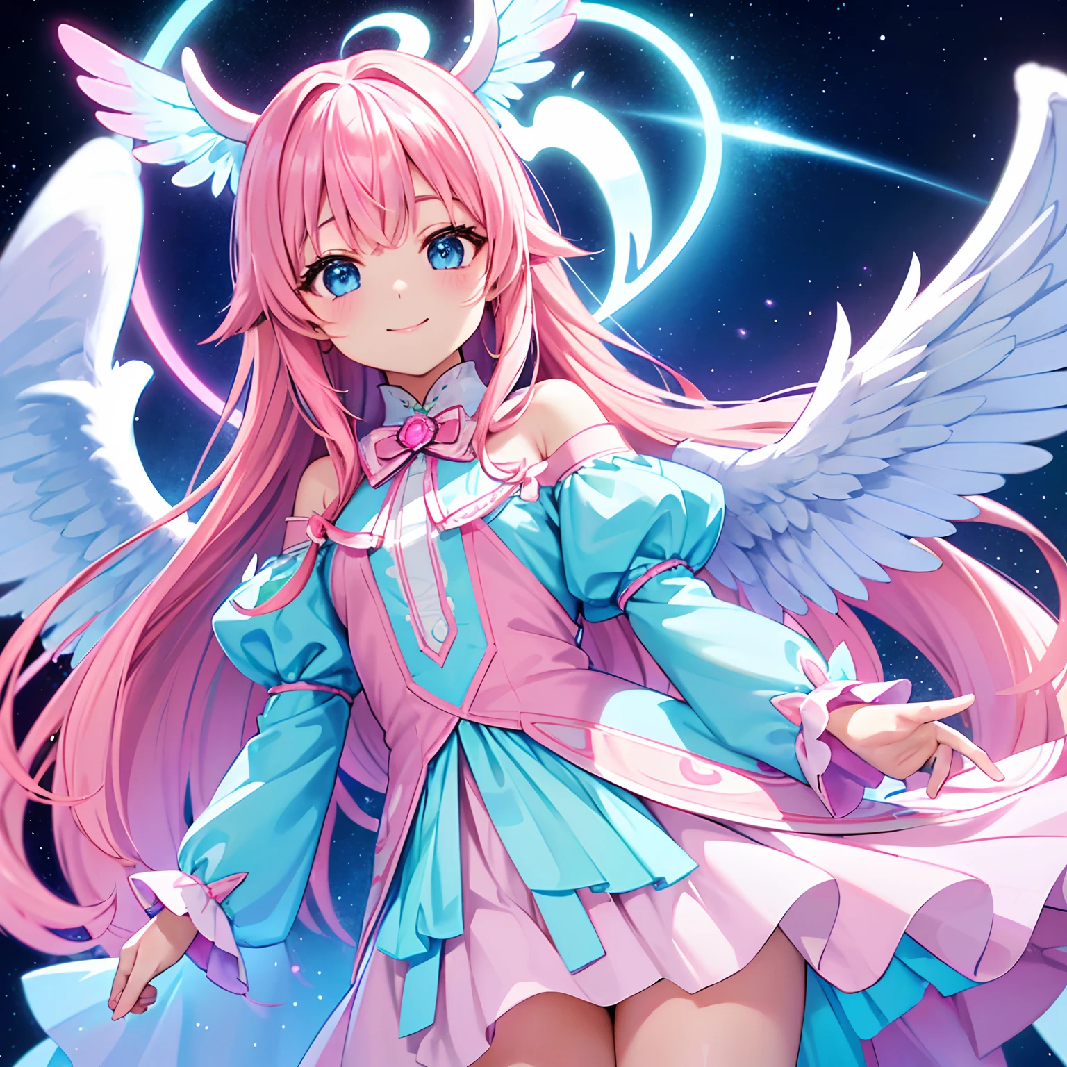 Colorful glowing angel wings、Kawaii Girl、adorable smiling、Light blue long hair、Twin-tailed、Colorful angel costume、Pink and white costume　((top-quality))、((​masterpiece))、(ighly detailed、highestdetailed、Official art、Beautifully Aesthetic:1.2)