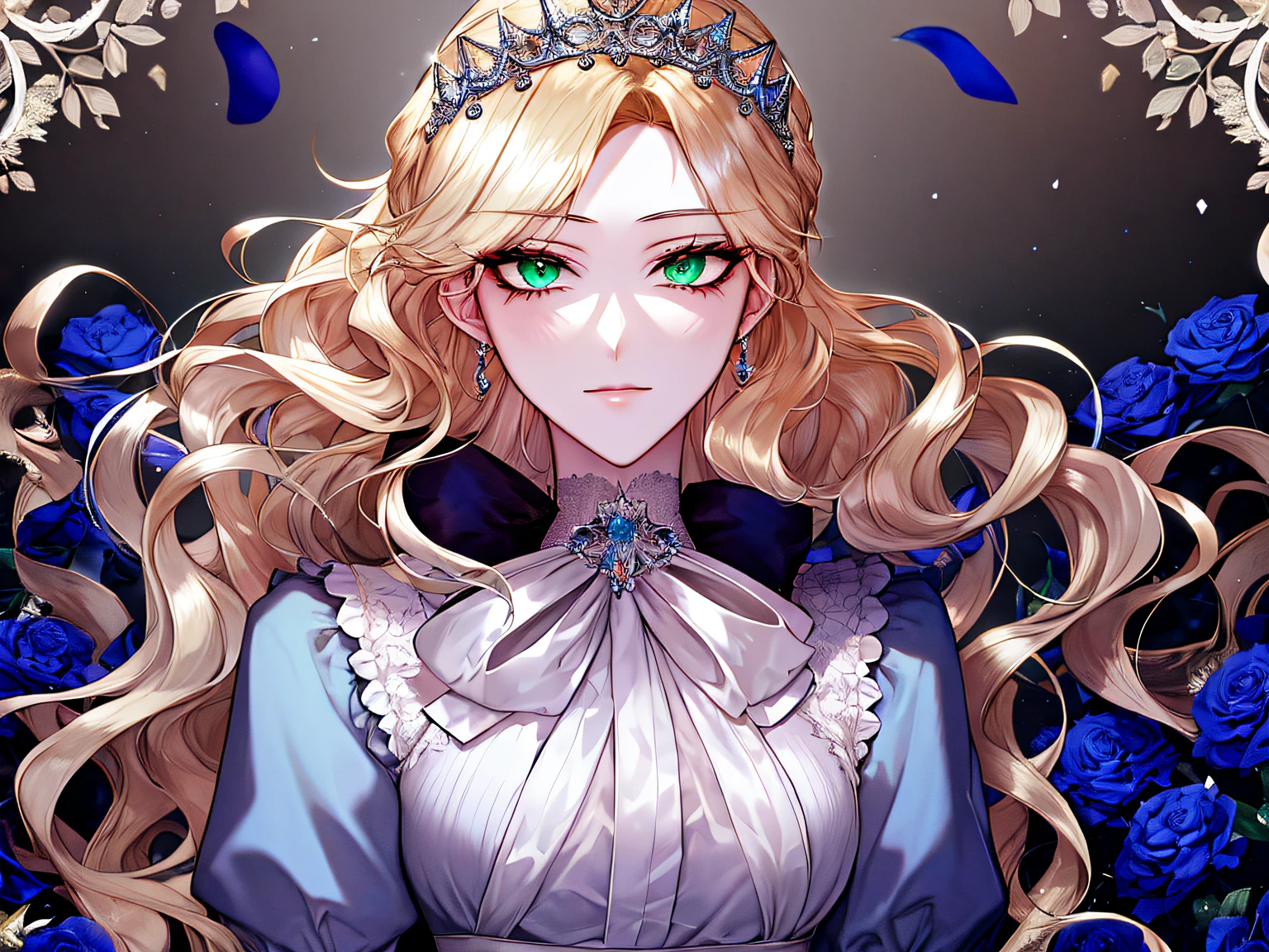 shoujo-style, floral background, romance manhwa, 1girl, blonde hair, solo, long hair, flower, dress, tiara, white dress, gloves, long sleeves, choker, green eyes, mascara, makeup, white gloves, black bow, black flower, wavy hair, bow, jewelry, looking at viewer, white background, collarbone, puffy sleeves, silver accessories, upper body, parted bangs, very long hair, blue dress, frills, bangs, closed mouth, detailed eyes, (close up), gleaming skin, shiny glossy skin