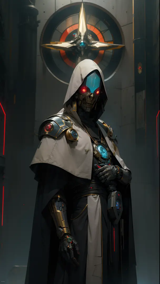 derpd, lethal cyborg male assassin with no mouth, wearing robes armor and cloak, gold trimming, danger, stained glass background, fantasy and science fiction art, neon horror, sci-fi, glitchcore, divine pose, red divine light, two bright eyes,
