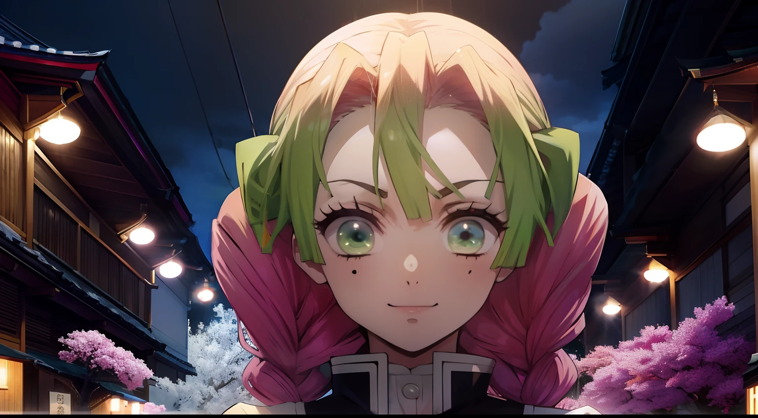 A close up of a person with a pink hair and green eyes - SeaArt AI