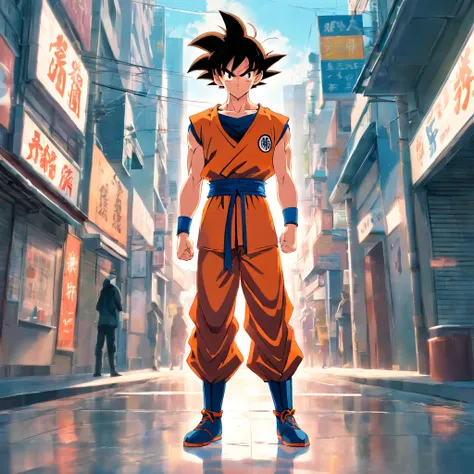 Goku standing pose,Tiptoe，Suspended on the ground，Full body like ...