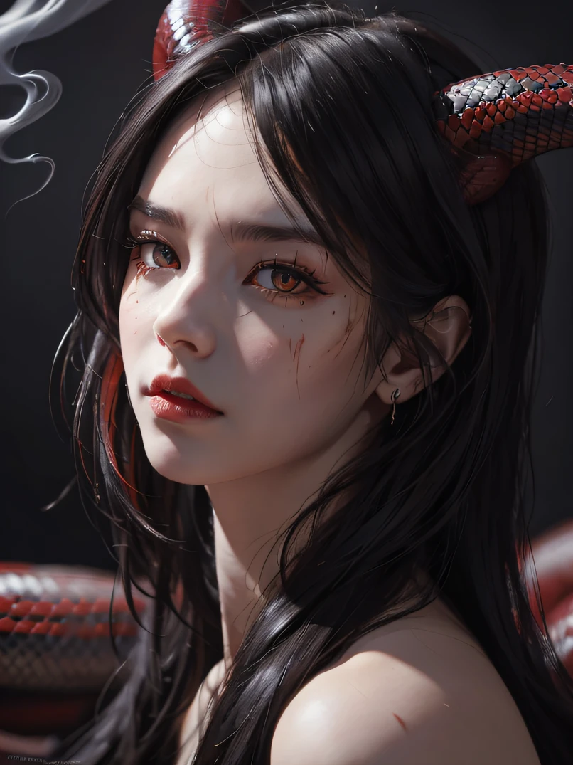 A woman with horns and horns on her head is smoking a cigarette SeaArt AI