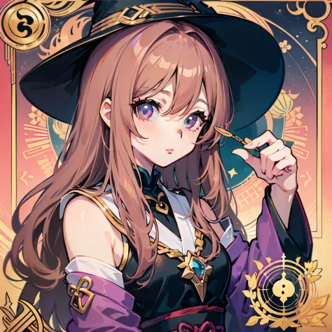 Anime-style female witch characters, Half Light Pink Half Brown Hair, She's so cute, Tarot card-like details on candy background and background、Do a Tarot Reading、japanes、I am a fortune teller