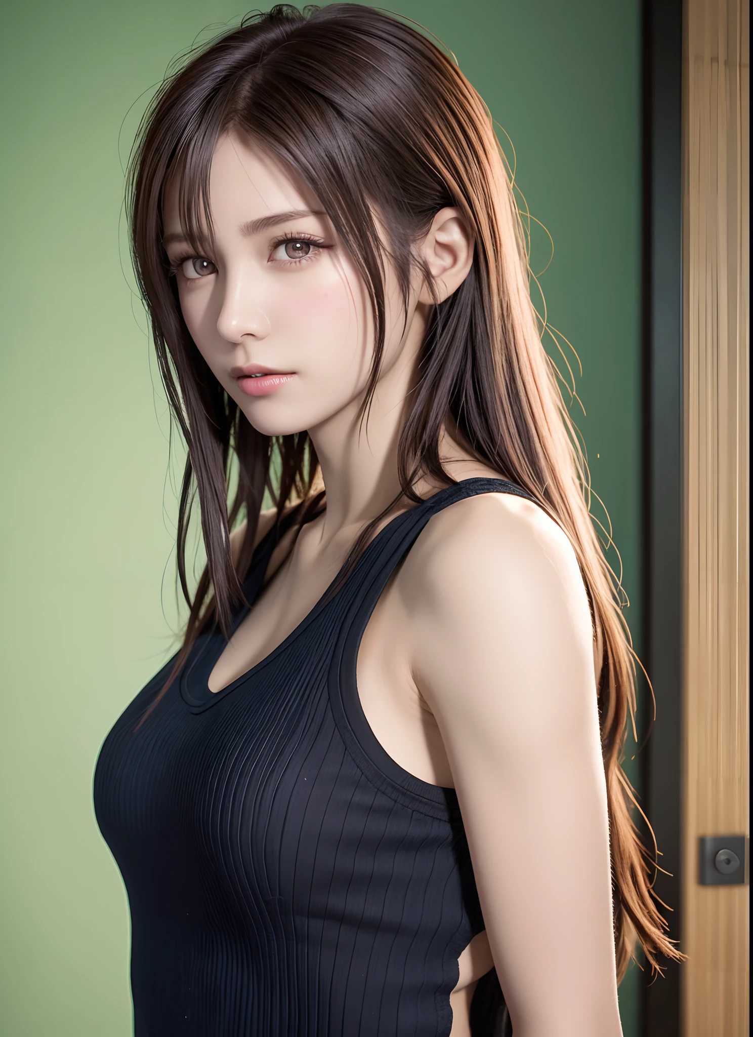 high quality picture, masutepiece, detailed hair texture, Detailed skin texture, Detailed Cloth Texture, 8K, Add fabric details, ultra detailed skin texture, ultra detailed photographic, Skin pores, Portrait of a girl, wearing tank top,