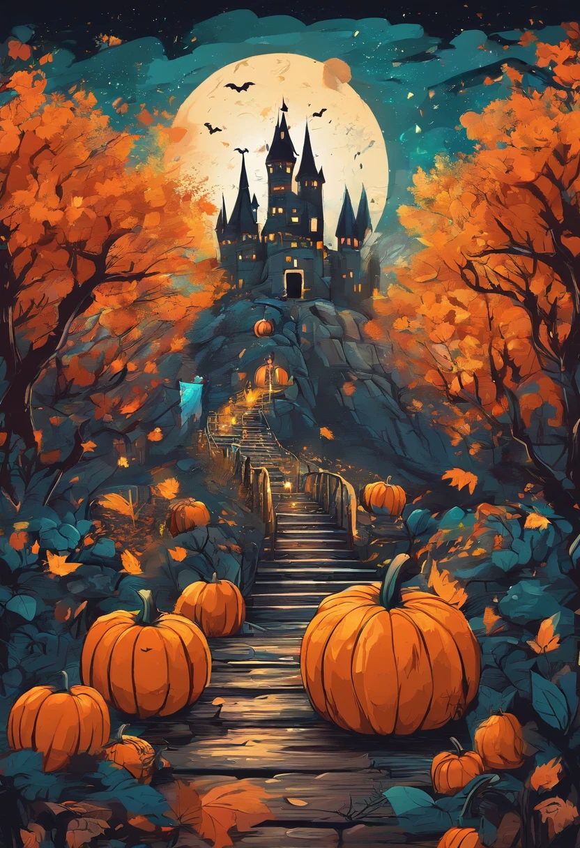 A painting of a castle with pumpkins in the foreground - SeaArt AI