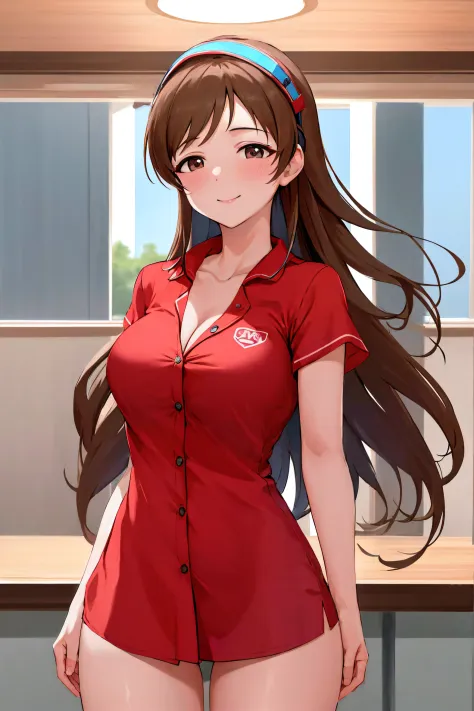 masterpiece, best quality, highres, aanitta, long hair, visor cap, headset, medium breasts, cleavage, pajamas, red shirt, dress ...