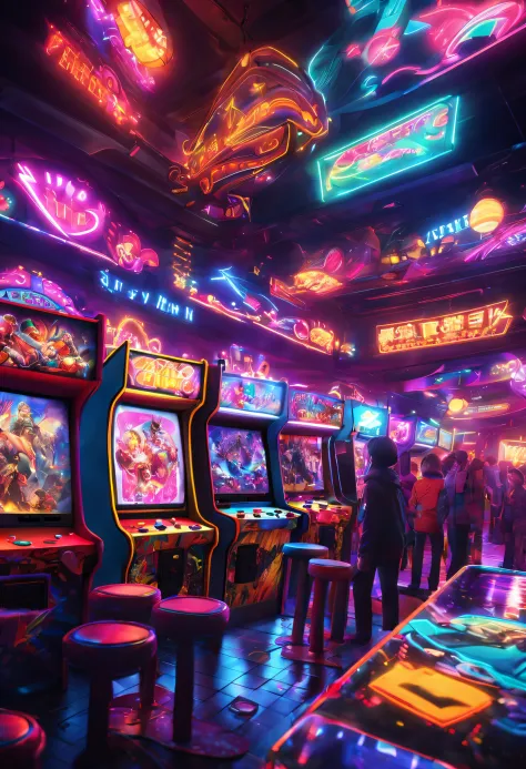 (a bustling arcade,high-quality artwork detailing each game and player's faces),ultra-detailed lighting brings the neon glow to ...