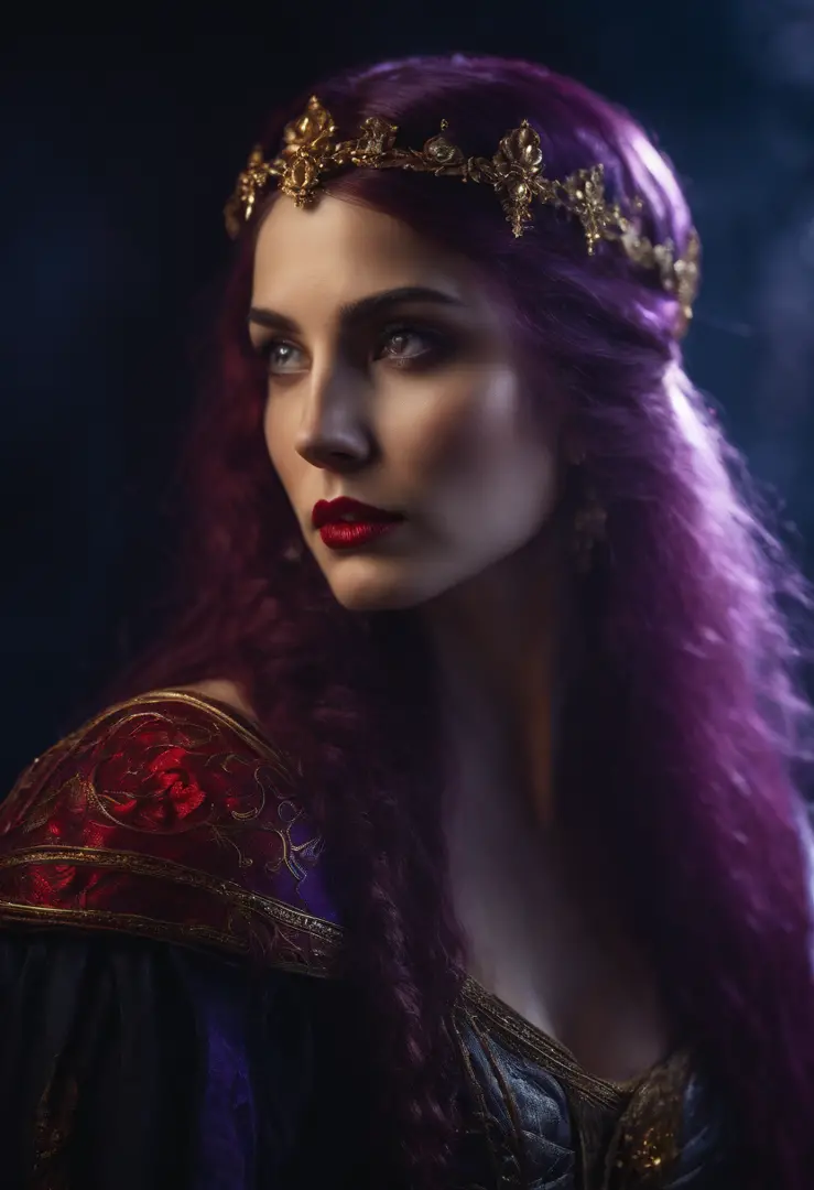 Woman, jellyfish, (feudal middle age:1.1), Slavic appearance, (long straight purple hair gradient pro red), (red eyes), (strong expression look), purple lipstick, fair skin, (black color gothic clothes with red details:1.1), yellow scales on the hands, cin...