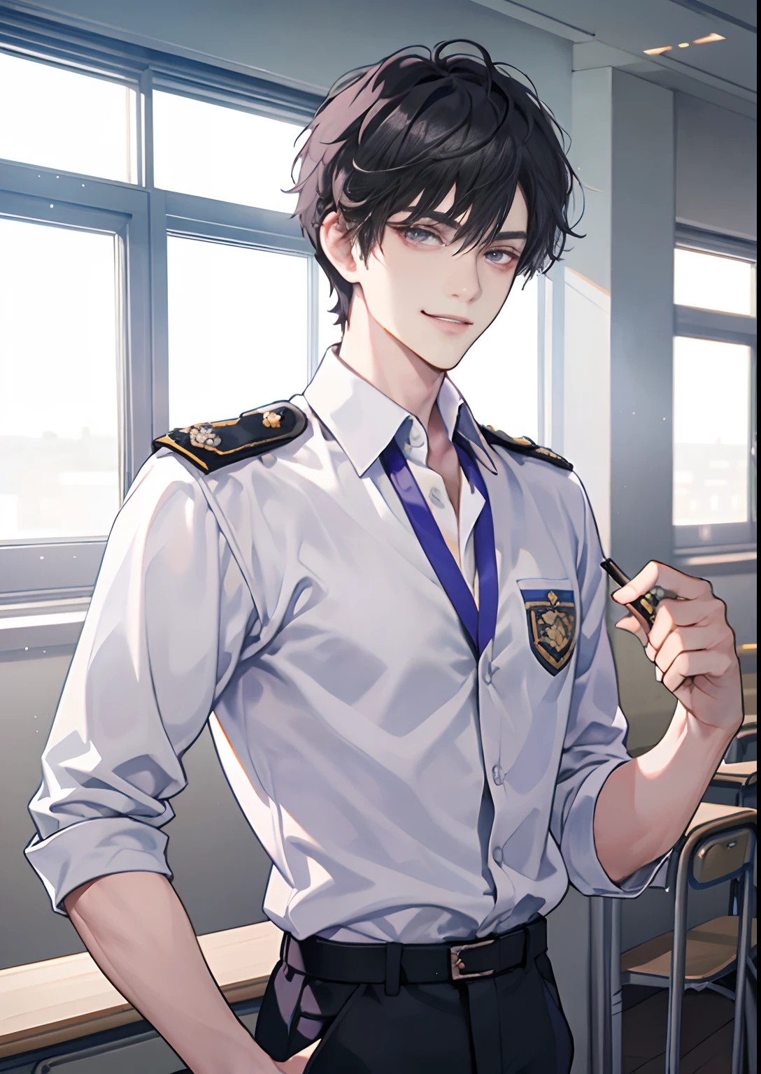 Anime character in uniform holding a pipe in a classroom - SeaArt AI