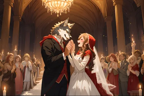 cover_page, Fairy Tail wedding scene, Little Red Riding Hood Wedding with the Wolf, Beautifully dressed old lady in the backgrou...