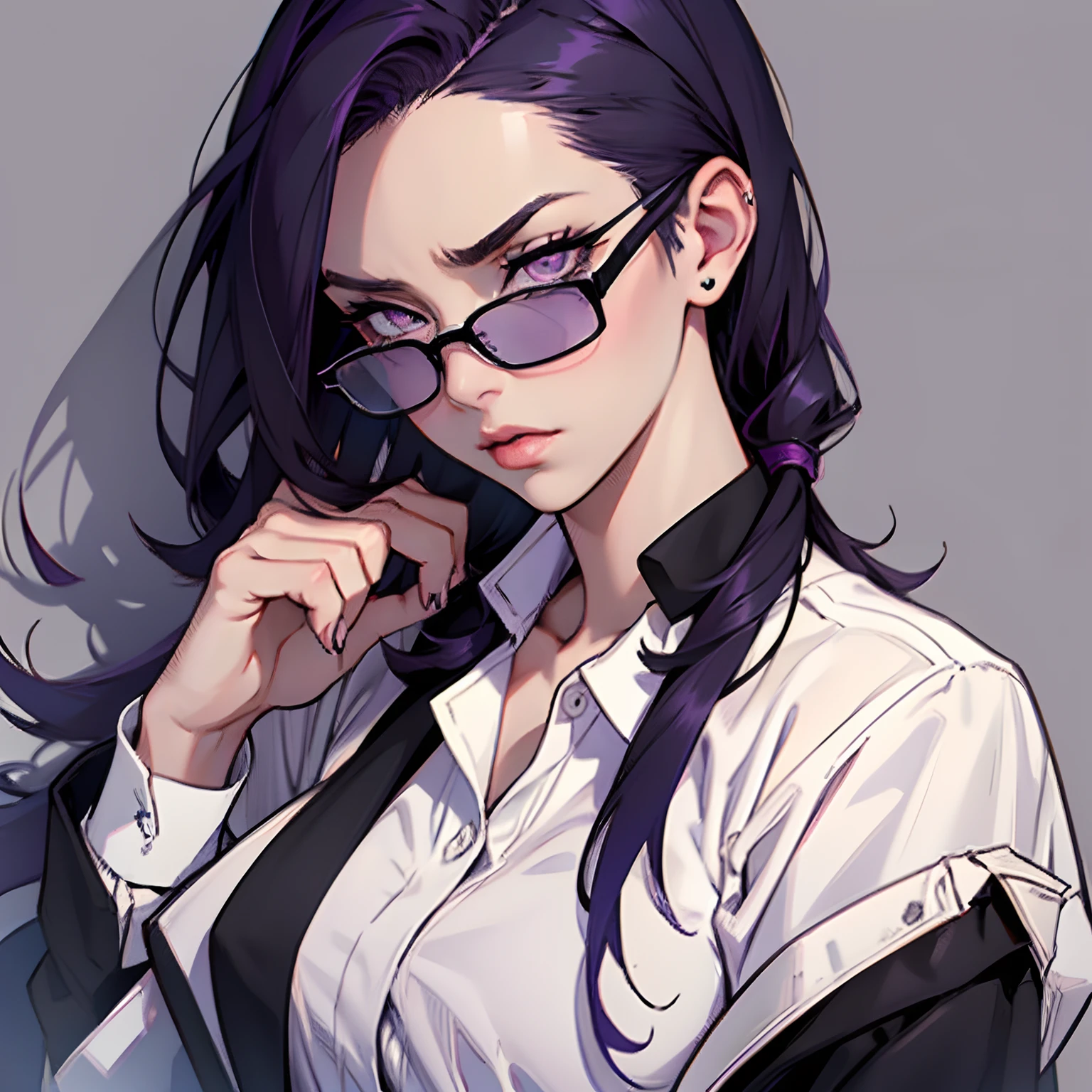 a woman, with dark purple hair, with side parted bobbed hair, wearing a square colored glasses, wearing a white shirt and black jacket, with slanted eyes, with thin eyebrows, with thin lips, sullen expression, with purple eyes, female teacher