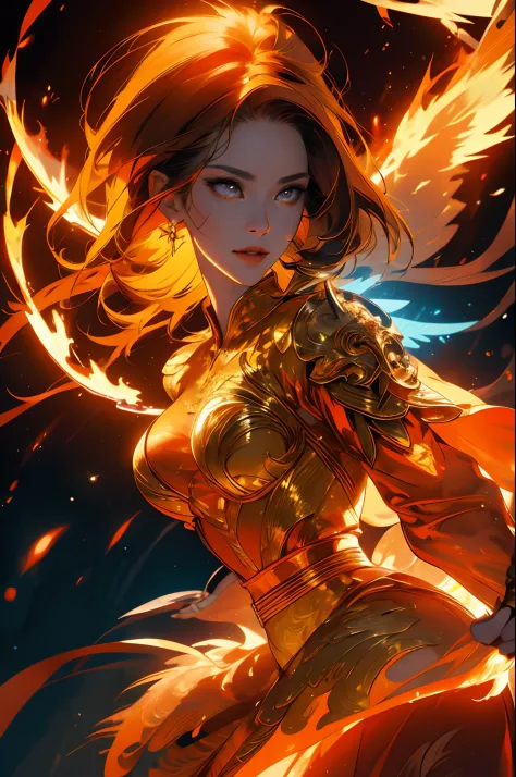 a closeup of a woman，there is fire and flame on the body, with fiery golden wings of flame, with fiery golden wings, epic fantas...