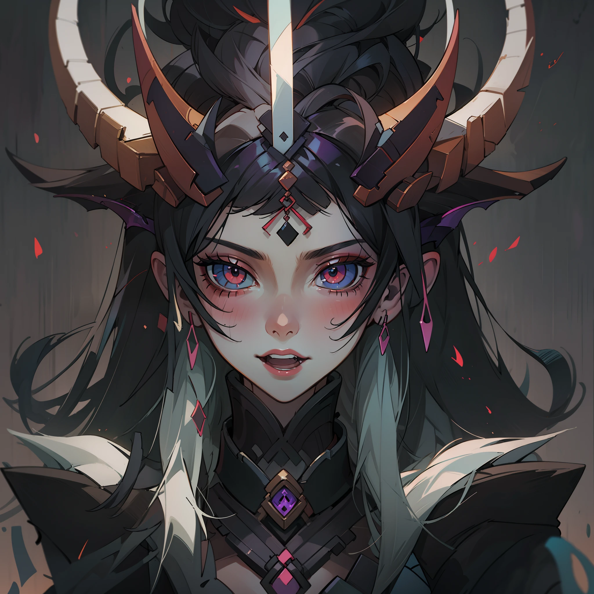 Un primer plano de una mujer con cuernos y cara de demonio, arte digital inspired by Li Mei-shu, ganador del concurso cgsociety, arte digital, Albedo de Overlord, retrato onmyoji, deviantart estación de arte cgscosiety, fanart mejor estación de arte, anime rudo 8k, retrato gapmoe yandere grimdark, viudo