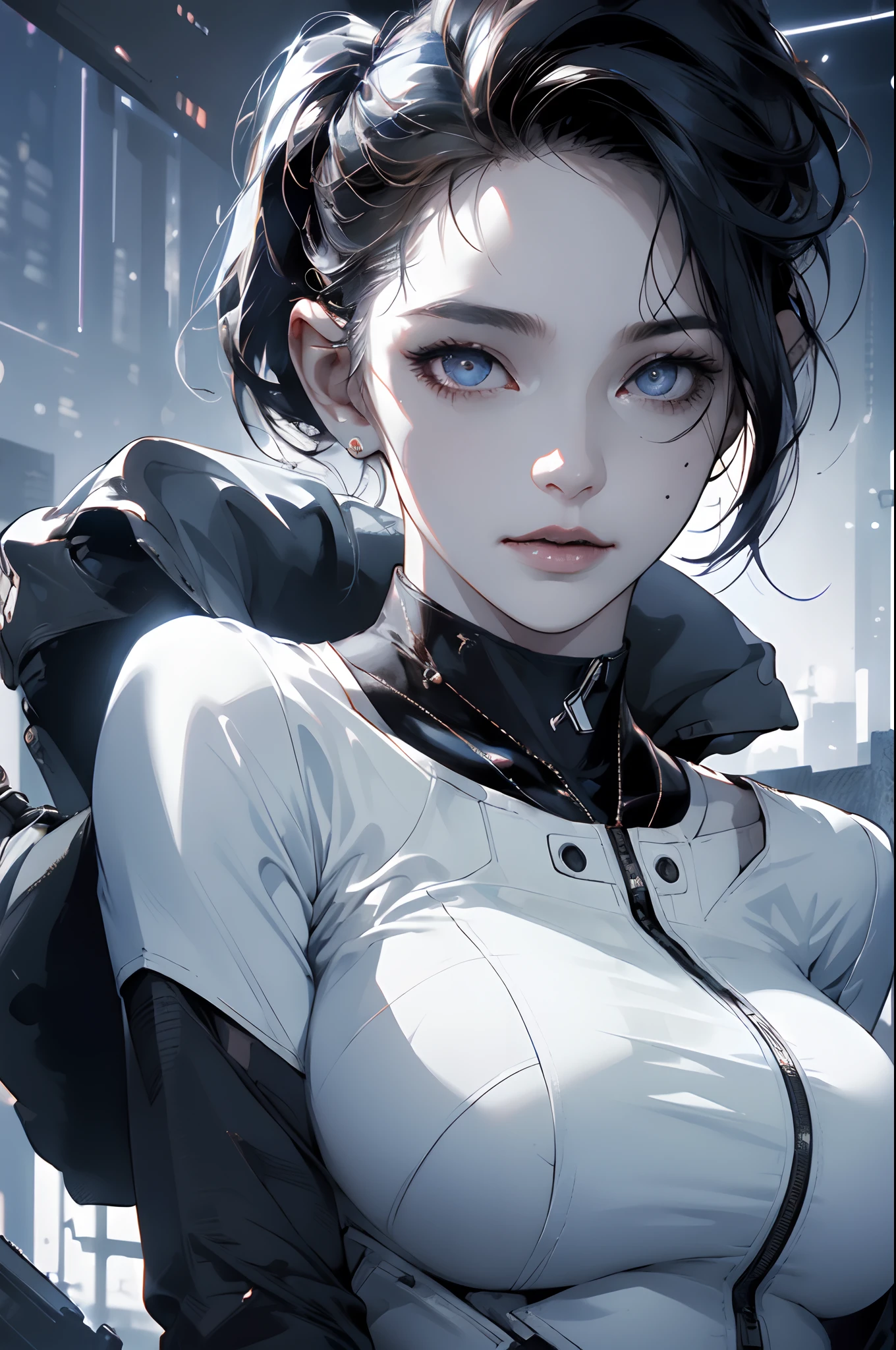 (1girl:1.3), solo, __Body parts__ realistic skin, pale skin, big , official art, unified 8k wallpaper, ultra detail, beauty and aesthetics, beauty, masterpiece, best quality, in cyberpunk city, fantastic atmosphere, calm color palette, peaceful mood, soft shadows, nurse, glamour, huge breasts