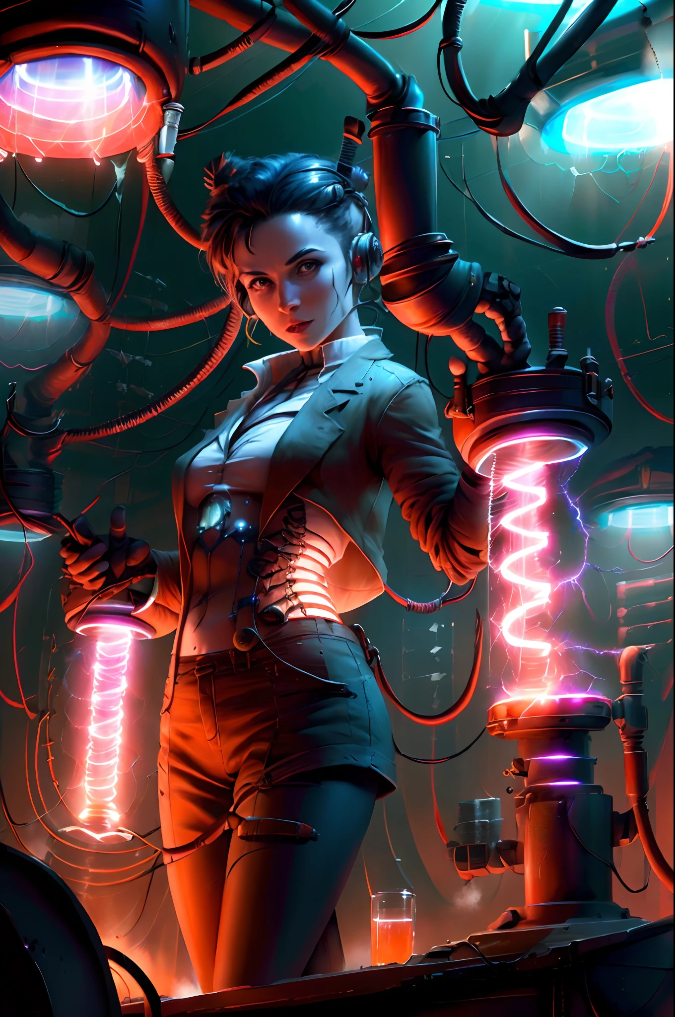 TeslaPunkAI female scientist experiments in lab, tesla coils